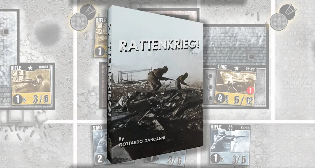 A game box for "RATTENKRIEG!" features a dramatic black-and-white image of two soldiers navigating through a war-torn landscape, emphasizing the game's focus on the Battle of Stalingrad. The title "RATTENKRIEG!" is prominently displayed in bold, white letters at the top, with the designer's name, Gottardo Zancanni, listed below. In the background, various game components, including counters and maps, are partially visible, hinting at the game's intricate mechanics and immersive experience.