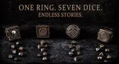 Four fantasy-themed rings are displayed on a dark surface, each featuring intricate designs and a hidden compartment for miniature RPG dice. The rings include motifs such as a skull, runes, and elven symbols, crafted from brass with an aged finish. Surrounding the rings are various polyhedral dice, including d4, d6, d8, d10, d%, d12, and d20, emphasizing the unique feature of each ring containing a complete set of seven dice. The text "ONE RING. SEVEN DICE. ENDLESS STORIES." is prominently featured above the rings.