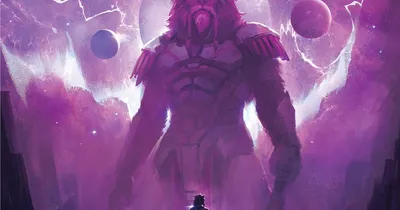 Traveller: The Aslan Hierate, large lion-like figure, small figure with sword, purple space backdrop