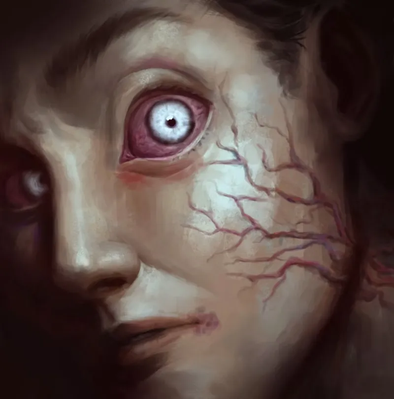 Close-up of a face with a large, red-veined eye and cracked skin.