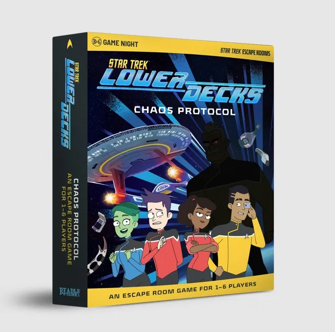 A colorful game box for "Star Trek: Lower Decks - Chaos Protocol," featuring animated characters from the series. The design includes the USS Cerritos in space, with vibrant colors and dynamic elements that evoke a sense of adventure. The text highlights it as an escape room game for 1-6 players, emphasizing its connection to the Star Trek universe.