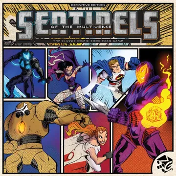 A colorful comic-style illustration features a group of six characters from the game "Sentinels of the Multiverse." The characters are depicted in dynamic poses, showcasing a mix of heroes and villains, with vibrant colors highlighting their unique costumes and powers. The title "SENTINELS of the Multiverse" is prominently displayed at the top, along with the subtitle "THE CLASSIC COMIC BOOK CARD GAME," emphasizing the game's comic book roots.
