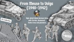 A collection of detailed 28mm German army miniatures and vehicles is showcased, featuring a half-tracked armoured personnel carrier alongside various soldiers in dynamic poses, equipped with weapons like the MG34 and Mauser K98. The background includes a textured wall of bricks, enhancing the historical context. The text highlights the campaign title "From Meuse to Volga (1940-1942)" and mentions the STL collection for 3D printing.