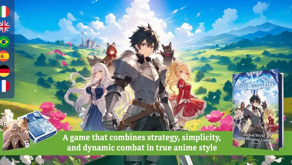 A group of five anime-style characters stands in a vibrant, lush landscape filled with rolling hills and colorful flowers. The central figure, a young man in shining armor, is flanked by a silver-haired woman in a blue dress, a red-haired girl in a hooded cloak, a small black cat-like creature, and a blonde girl in a red dress. In the corner, a box featuring the game "Gates of Krystalia" is displayed, with text highlighting the game's combination of strategy, simplicity, and dynamic combat.