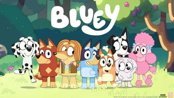 A colorful illustration features the characters from the children's cartoon "Bluey" standing together in a vibrant forest setting. The group includes Bluey, a blue heeler puppy, along with her family and friends, each characterized by distinct colors and patterns, such as a brown dog with a yellow shirt and a pink poodle. The title "BLUEY" is prominently displayed at the top in a playful font, enhancing the cheerful atmosphere of the scene.