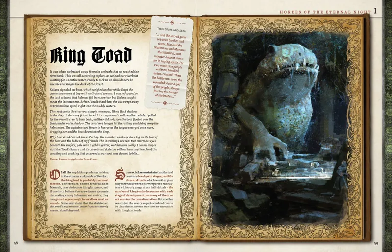 A richly illustrated page from the Symbaroum RPG features a narrative titled "King Toad," detailing a harrowing encounter with a monstrous creature in the river. The text is framed by ornate borders, with a prominent title in a gothic font. Accompanying the narrative are illustrations of dark waters and a shadowy figure, enhancing the ominous atmosphere of the story.