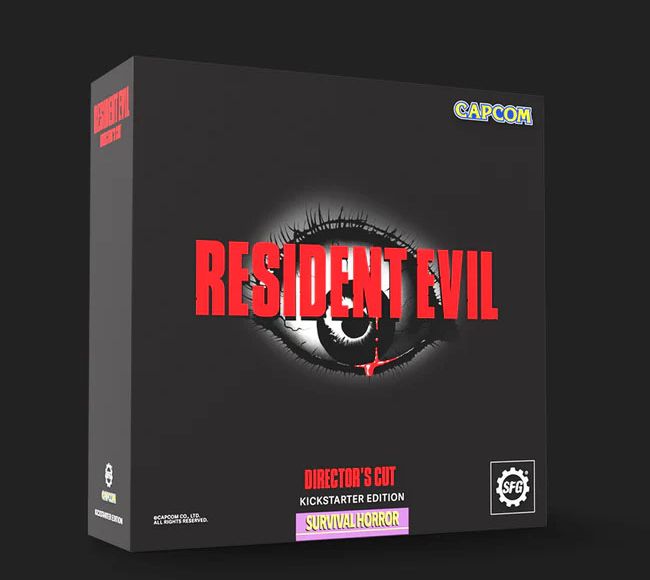 A black box featuring the title "RESIDENT EVIL" in bold red letters, with a stylized eye graphic in the center. Below the title, the text "DIRECTOR'S CUT KICKSTARTER EDITION" is displayed in orange, while "SURVIVAL HORROR" is highlighted in pink. The Capcom logo is positioned at the top right corner, and the Steamforged Games logo is located at the bottom left.