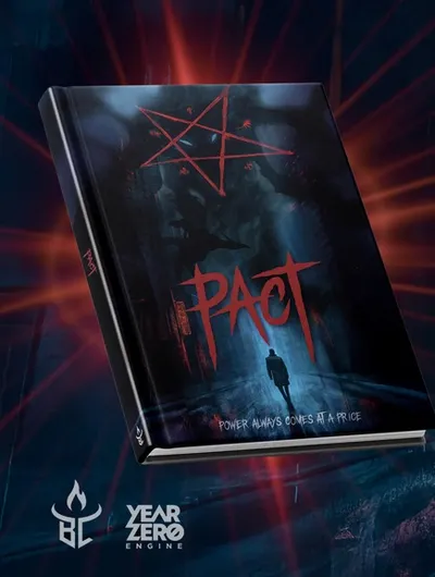 A dark and atmospheric book cover for the tabletop roleplaying game "Pact" features a prominent red pentagram and the title "PACT" in bold, stylized lettering. The background depicts a shadowy figure walking through a dimly lit urban environment, with hints of supernatural elements and a sense of foreboding. The tagline "POWER ALWAYS COMES AT A PRICE" is displayed at the bottom, emphasizing the game's themes of sacrifice and consequence.