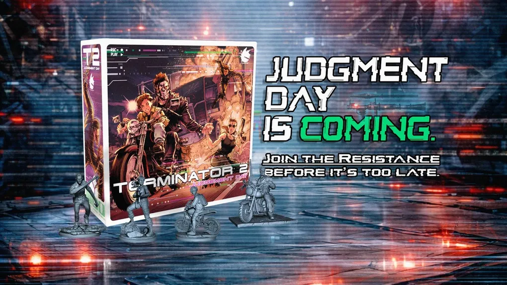 Terminator 2 Judgment Day board game box with miniatures and text "Join the Resistance Before"