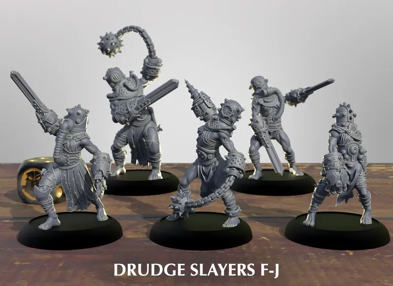 A collection of five Drudge Slayer miniatures stands on a wooden surface, each intricately designed with a mix of armor and weaponry. The figures feature various poses, showcasing unique details such as spiked weapons, chains, and mechanical elements, all rendered in a gray color. The text "DRUDGE SLAYERS F-J" is displayed prominently at the bottom of the image.