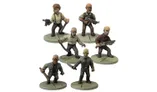 The image features a group of six sci-fi miniatures, depicting bald male characters in various poses. They are dressed in casual clothing, with some holding weapons like guns and a baton, while others have their hands on their hips or are gesturing. The miniatures are painted in muted colors, standing on circular bases with a textured surface, suggesting a gritty, urban environment.