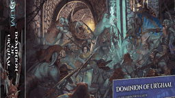 A box for the "Maladum" tabletop game expansion titled "Dominion of Ur'ghaal" features a dynamic illustration of a chaotic battle scene. Various Urmeck creatures, including Dregs and Wretches, are depicted engaging in combat within a dark, stone-walled environment, illuminated by eerie light. The box art showcases a mix of grotesque figures and adventurers, emphasizing the savage nature of the Urmeck faction.