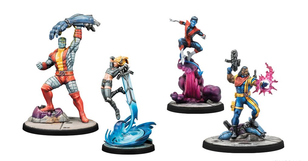 A collection of four miniatures from the Marvel: Crisis Protocol game features Colossus, Magik, Nightcrawler, and Bishop. Colossus, depicted in a red and yellow costume, is lifting a large metallic hand, while Magik, in a sleek black outfit, wields a sword and stands on a blue wave-like base. Nightcrawler is shown mid-leap with a playful pose, and Bishop stands confidently on a purple and black base, showcasing their dynamic designs and vibrant colors.
