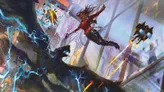 A fantasy warrior in red armor with glowing blue energy, arms outstretched, mid-leap above a ruined cityscape. Lightning arcs around them. A fallen figure in orange and black armor lies nearby. Debris and smoke fill the air.