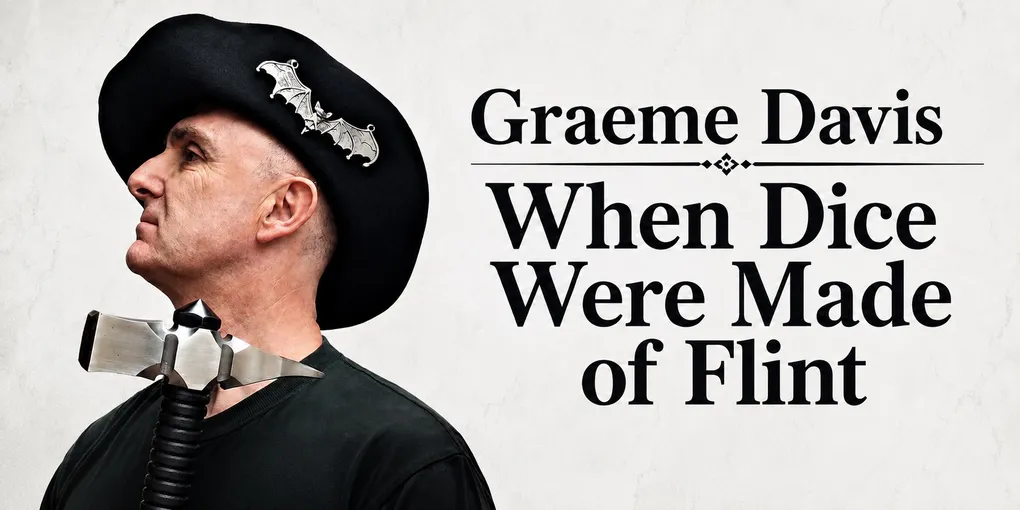 Person in black hat with bat pins, text "Graeme When Dice Were Made of Flint"