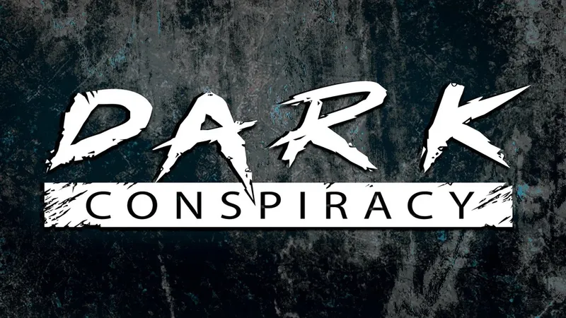 The image features the title "DARK CONSPIRACY" prominently displayed in a bold, stylized font. The word "DARK" is rendered in a jagged, distressed style, suggesting a sense of danger and intrigue, while "CONSPIRACY" is presented in a clean, straightforward font beneath it. The background has a textured, dark surface with hints of blue and gray, enhancing the ominous atmosphere associated with the game.