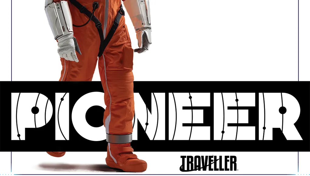An astronaut in an orange space suit walks confidently, showcasing a sleek helmet and metallic arm attachments. The background features bold text stating "P-MINUS 07 DAYS" above the word "PIONEER," which is prominently displayed in a stylized font. The overall design conveys a sense of urgency and excitement for the upcoming space exploration RPG.