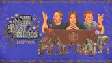 Three men seated behind a wooden table with "Critical Role" logo. Miniature fantasy figures and terrain pieces arranged below. Two men gesture with hands raised, one rests chin on hands. Blue background with ornate gold border.