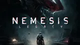 A futuristic, ruined cityscape with a large, menacing mechanical creature looming in the background. A lone, armored figure with a backpack and weapon stands in the foreground, facing the creature. The text "NEMESIS LEGACY" is prominently displayed in bold, glowing letters.