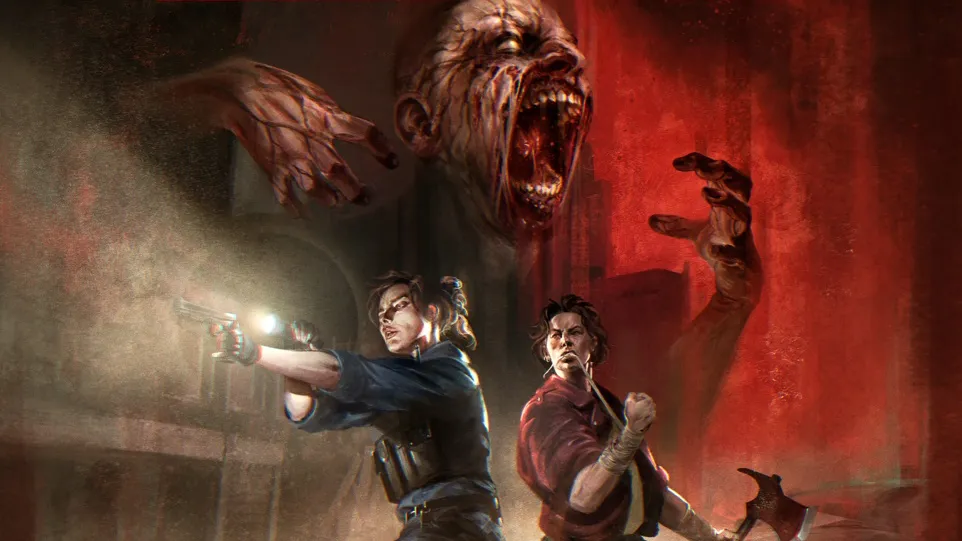 Alt-text:
Cover art for a tabletop RPG titled "INK RIBBON." At the top, white distressed-style text reads "INK RIBBON" in large letters, with a red banner below stating "A SURVIVAL HORROR TABLETOP RPG." In the foreground, two characters stand back-to-back in a dimly lit, ruined urban setting. The character on the left, wearing a dark jacket and fingerless gloves, holds a handgun aimed outward. The character on the right, dressed in a red shirt and dark pants, grips a fire axe. Behind them, three decayed, zombie-like creatures with exposed flesh and bones lunge forward. The background shows crumbling brick walls and faint light sources.