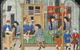 "The Merchant's Ledger" text above a medieval shop scene with people and goods.