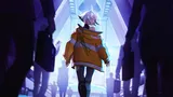 A person with long white hair, wearing a yellow jacket with green straps, black pants, and boots, walks away down a futuristic, dimly lit corridor lined with glowing blue panels and silhouetted figures.