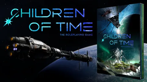 The image features the title "Children of Time: The Roleplaying Game" prominently displayed in bold, futuristic blue letters against a dark background. To the left, a detailed illustration of a colossal ark ship is shown, with intricate designs and a sleek, elongated shape. On the right, the cover of the game book is visible, showcasing vibrant artwork that includes a fantastical landscape with alien flora and fauna, hinting at the themes of evolution and exploration central to the game.