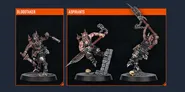 The image showcases three miniatures from the upcoming Kill Team expansion, Blood and Zeal. On the left is the Bloodtaker, a muscular figure wielding a large weapon, adorned with spikes and chains, standing on a textured base. To the right are two Aspirants, each in dynamic poses; one holds a spear while the other brandishes a weapon, both featuring intricate details and a rugged, chaotic aesthetic typical of the Goremongers. The background is dark, emphasizing the vibrant colors and details of the miniatures.