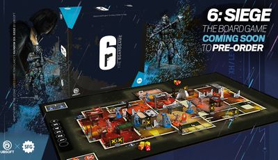 The image features the box art for the board game "6: Siege," based on Tom Clancy's Rainbow Six video game. The box displays a prominent white number "6" alongside a stylized gun graphic, with a character in tactical gear depicted in action on the right side. Below, a detailed game board is shown, featuring various colored miniatures representing players and obstacles, set against a vibrant, multi-colored background that suggests a tactical environment. The board includes marked areas and dice, emphasizing the strategic gameplay elements.