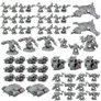 A collection of unpainted, gray plastic miniatures for the Epic Warpath game is displayed, showcasing a variety of sci-fi figures and vehicles. The scene includes multiple infantry models, some wielding weapons, alongside larger armored figures and two sleek aircraft. Additionally, several vehicle models are arranged at the bottom, emphasizing the game's focus on expansive, 10mm-scale wargaming.
