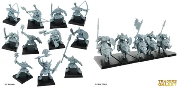 A collection of ten grey plastic orc miniatures is displayed on black bases, showcasing various poses and weapons. The orcs are equipped with a mix of weapons, including bows, swords, axes, and shields, highlighting their battle-ready stance. Each figure features distinct facial expressions and armor details, emphasizing their fierce and aggressive nature.