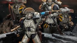 A squad of Iron Warriors action figures is prominently displayed, showcasing their detailed designs and articulation. The foreground features a Sergeant wielding a power sword and a plasma pistol, while a command squad member stands behind, holding a staff. The figures are set against a dramatic backdrop, enhancing their imposing presence with hints of smoke and debris.