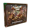 A festive game box titled "Barroom Brawl" features a colorful illustration of various characters engaged in a lively brawl, all wearing Santa hats. The background depicts a bustling tavern scene with hanging lanterns and decorations, enhancing the holiday theme. The text at the bottom reads, "THE FESTIVE ADVENT CALENDAR GAME!" indicating its purpose as an advent calendar for gamers.