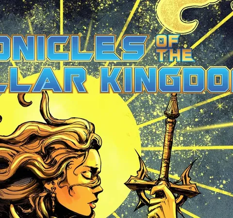 "Chronicles of the Stellar Kingdom" title, woman with long hair, sword, and cosmic background.