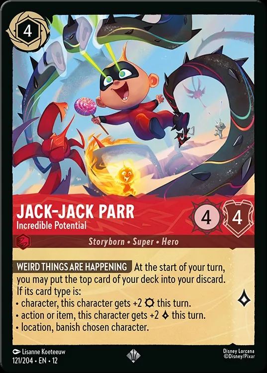 A trading card featuring Jack-Jack Parr from Pixar's "The Incredibles," depicted with a joyful expression and surrounded by colorful, swirling magical effects. The card highlights his abilities, stating "Weird Things Are Happening," and includes gameplay details such as his stats (4 cost, 4 strength) and card type (Storyborn, Super, Hero). The design incorporates vibrant colors and dynamic imagery, emphasizing Jack-Jack's playful and powerful nature.