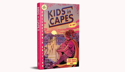 A vibrant book cover for "Kids in Capes" features a young girl with a ponytail, wearing a red cape and a pink shirt, sitting on a sidewalk. The background depicts a suburban neighborhood with houses and trees under a sunset sky. The title "KIDS in CAPES" is prominently displayed in bold, colorful letters, along with the text "COLLECTOR'S EDITION" and "YOUR ORIGIN STORY STARTS HERE!" in bright yellow.