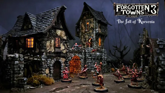A detailed scene depicts a dark, atmospheric village with intricately designed stone buildings, including a tall tower and a smaller structure with a wooden door and windows. In the foreground, several miniature figures are positioned, some appearing to engage in combat, while others stand ready, showcasing a variety of poses and weapons. The title "Forgotten Towns 3: The fall of Korvenia" is prominently displayed at the top, adding context to the scene.