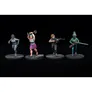 Four miniature figures are displayed against a black background, each representing different characters in a survival scenario. From left to right, a figure in a gray hoodie runs, a woman in a pink skirt wields an axe, a character holds an AR-15, and another figure in a green jacket aims a shotgun. Each figure stands on a circular base, showcasing a variety of poses and expressions that convey urgency and readiness for conflict.