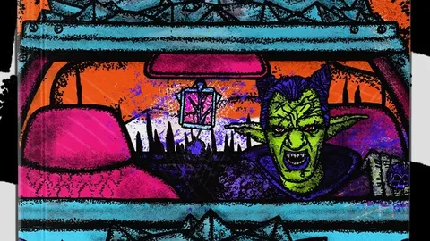 A vibrant and chaotic cover for the "Fool's Fuel" rulebook features a greenskin character with pointed ears and a fierce expression, seated in a vehicle. The background is filled with a surreal landscape of jagged mountains and an orange sky, creating a sense of mayhem. The title "FOOL'S FUEL" is prominently displayed in bold, green lettering, emphasizing the game's theme of vehicular skirmishes and magical chaos.