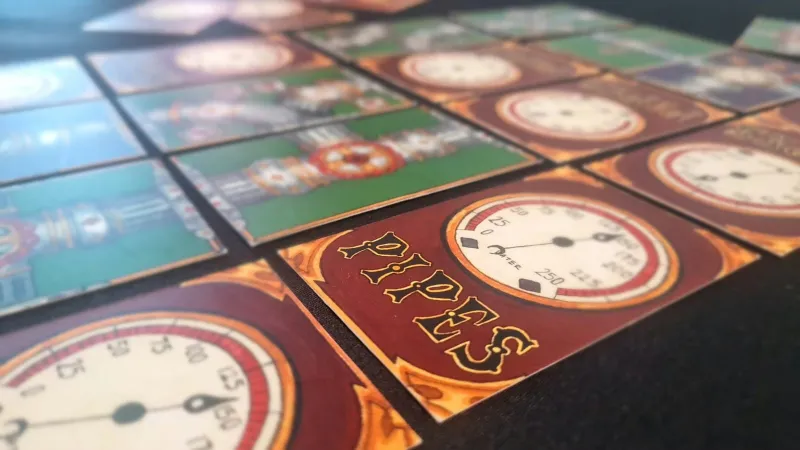 A close-up view of several Pipe Layout cards from the game "Pipes," featuring a mix of colorful designs. Some cards display intricate pipe designs on a green background, while others feature gauges with numbers and a prominent title "Pipes" in stylized lettering. The cards are arranged on a dark surface, creating a visually engaging layout that highlights the game's theme.