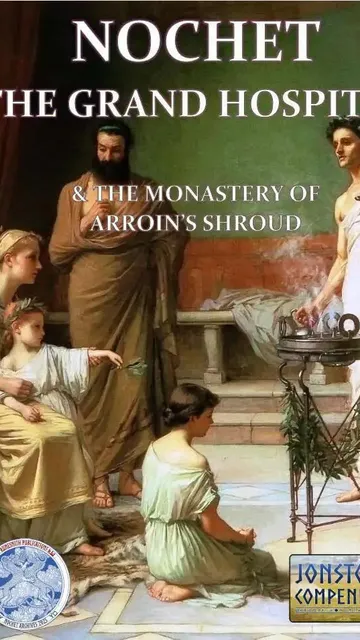 Five figures in classical attire: a man in brown robes standing, a woman in white holding a bowl, a seated woman with a child on her lap, a kneeling woman, and a seated child. Background shows a room with draped furniture, a bed, and a greenish wall.