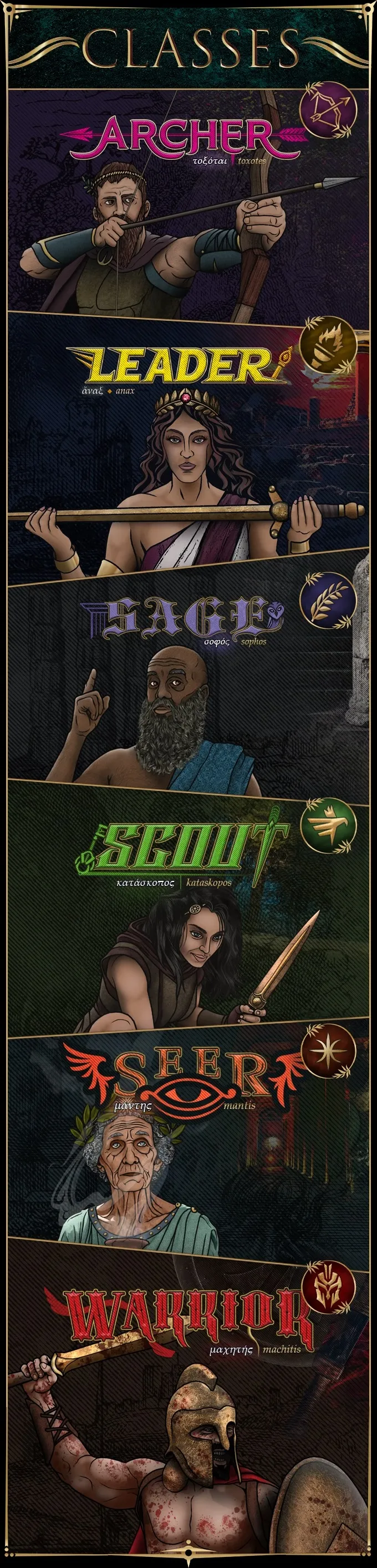 An illustrated character portrait set against a dark, textured background resembling ancient stone or parchment. At the top, stylized purple text reads "SAGE" with the Greek word "σοφός" (sophos) written beneath in smaller letters. To the right of the text, a circular emblem features a stylized purple creature resembling an owl.

A bearded man with gray hair, wearing a sleeveless blue tunic, occupies the upper portion of the image. He points upward with his right index finger.

Below, large green stylized text reads "SCOUT," with the Greek word "κατάσκοπος" (kataskopos) written beneath in smaller letters. To the right, a circular emblem shows a green trident symbol.

In the lower right corner, a woman with dark hair tied back and wearing a dark top holds a sword in her right hand. She has a small circular ornament on her forehead. The background includes faint, misty silhouettes of trees or foliage.