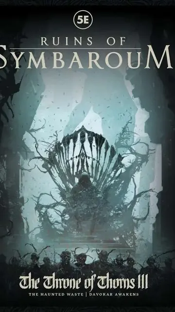 Dark throne of thorns with shadowy figures below. Text: "The Throne of Thorns III THE HAUNTED WASTE | DAVOKAR AWAKENS"