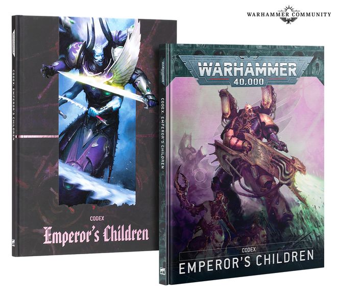 A striking display features two editions of the "Codex: Emperor’s Children" for Warhammer 40,000. On the left, a dark cover showcases a dynamic illustration of a warrior wielding a sword, while the right cover presents a vibrant image of a heavily armored figure with a weapon, both embodying the chaotic essence of the Emperor’s Children. The titles "Codex: Emperor’s Children" are prominently displayed on both covers, emphasizing the focus on this faction's lore and gameplay.