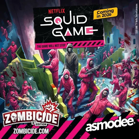 A chaotic scene featuring numerous figures in pink hooded jumpsuits and black masks, some holding weapons, in a colorful, multi-level setting with stairs and platforms. A central figure in a black hooded robe and mask stands prominently. The background includes text: "NETFLIX SQUID GAME Coming in 2026 THE GAME WILL NOT STOP". In the foreground, the text "ZOMBICIDE 2nd EDITION ZOMBICIDE.COM" and the logo "asmodee" are visible.