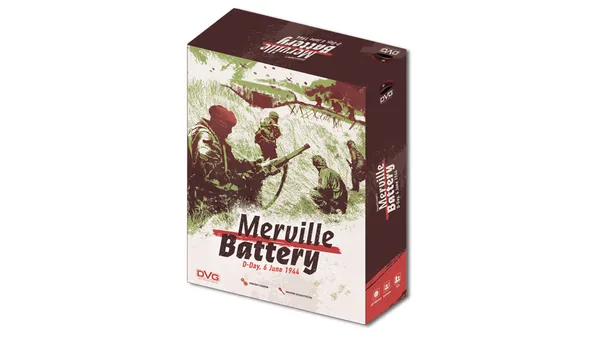 A box for the board game "Merville Battery" features a dramatic illustration of soldiers in a grassy landscape, preparing for an assault. The title "Merville Battery" is prominently displayed in bold, stylized text, with the subtitle "D-Day, 6 June 1944" beneath it. The color palette includes muted greens and reds, enhancing the historical theme of the game.