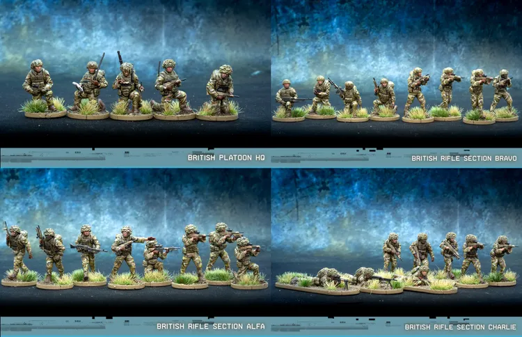 A collection of British army miniatures is displayed, featuring two groups: the British Platoon HQ at the top and the British Rifle Section Alfa at the bottom. Each figure is intricately detailed, showcasing soldiers in modern combat gear, posed with various weapons and equipment, set against a textured blue background. The bases are adorned with tufts of grass, enhancing the realistic appearance of the miniatures.