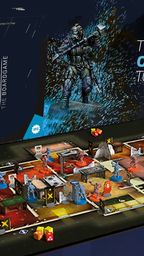 The image features the box art for the board game "6: Siege," based on Tom Clancy's Rainbow Six video game. The box displays a prominent white number "6" alongside a stylized gun graphic, with a character in tactical gear depicted in action on the right side. Below, a detailed game board is shown, featuring various colored miniatures representing players and obstacles, set against a vibrant, multi-colored background that suggests a tactical environment. The board includes marked areas and dice, emphasizing the strategic gameplay elements.