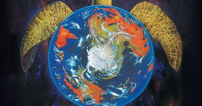 A giant golden turtle carrying a blue globe with continents, stars, and a red sun. Text: "Discworld Adventures in Ankh-Morpork".