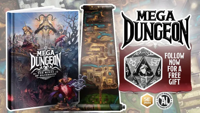 A visually striking cover of a book titled "Mega Dungeon: The Mines of Silverdeep" features a dramatic illustration with various fantasy characters, including a menacing figure and a regal-looking character in the foreground. Beside the book, a detailed scroll map showcases intricate dungeon layouts, while a large, stylized die is positioned in the corner, indicating its relevance to tabletop gaming. The overall composition emphasizes the adventurous and immersive nature of the gaming experience.
